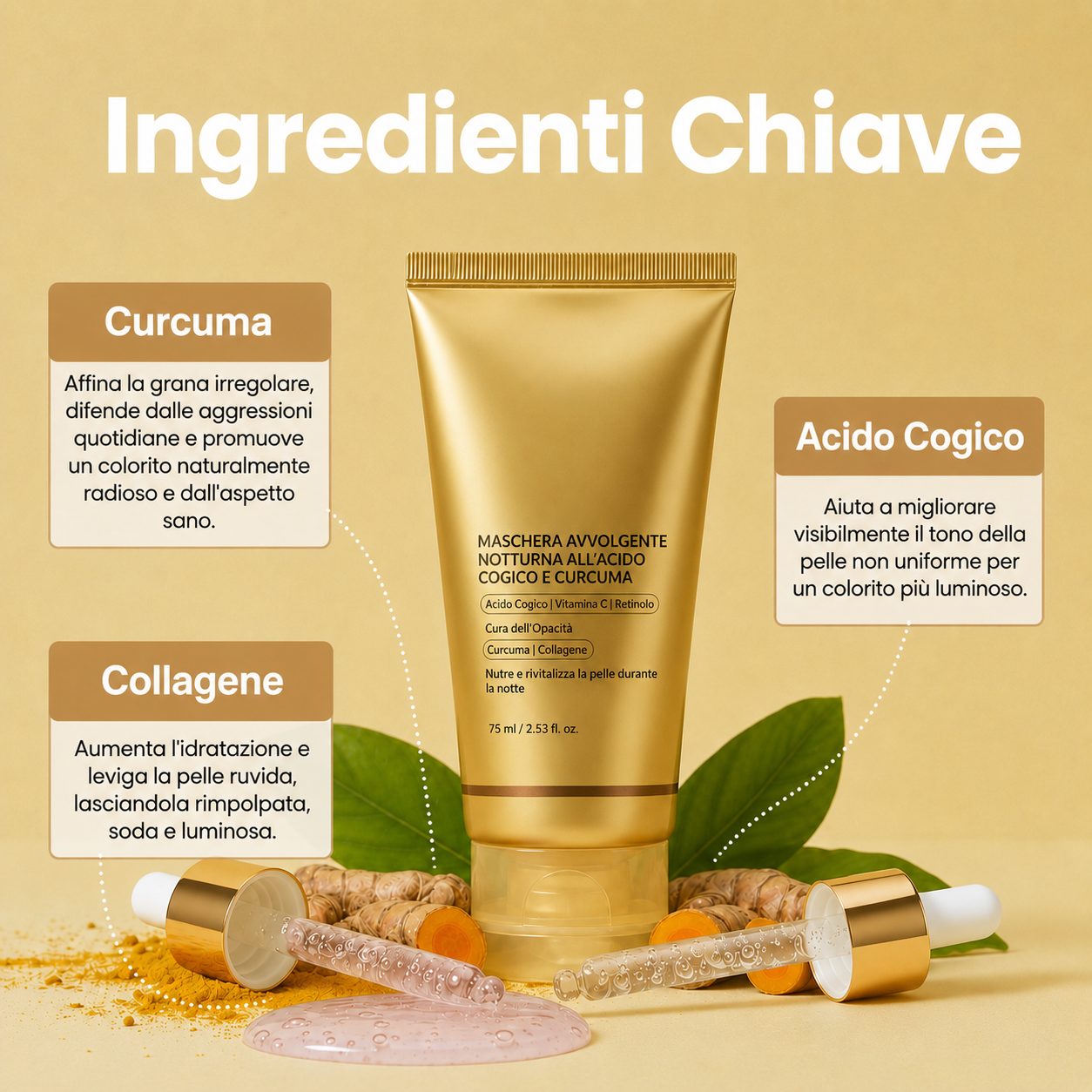 Glow Renewall Mask-Maschera notturna all'acido Cogico  Curcuma e Collagene